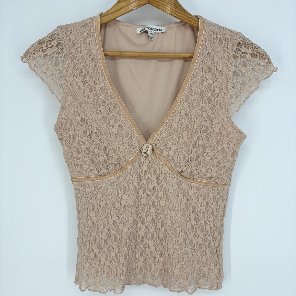 Y2K Babydoll Top M Pink Lace V-Neck Coquette Dainty Romantic Fairy Whimsical V